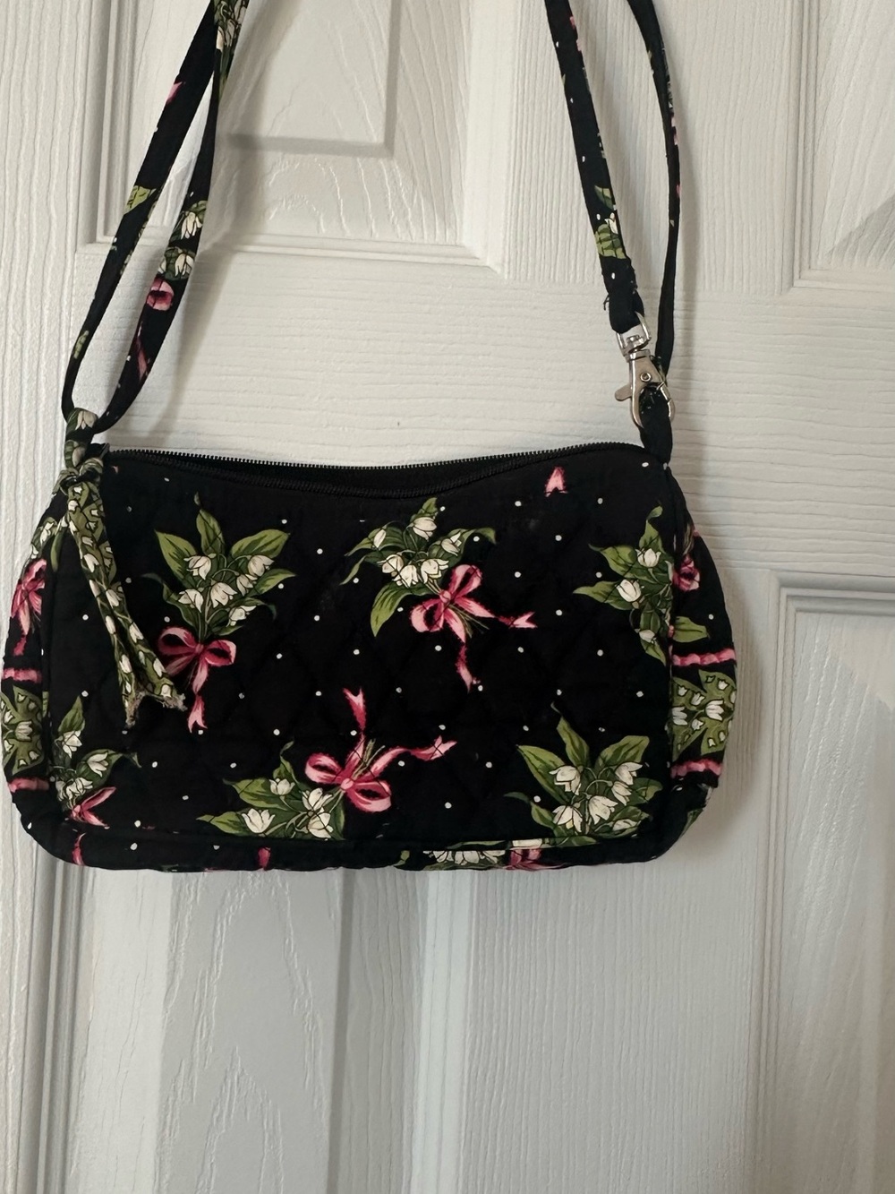 Vera Bradley Black Quilted Crossbody with Pink Ribbon & Green Leaves